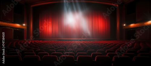 A deserted theater with crimson curtains drawn open, revealing rows of empty red chairs. A single bright spotlight illuminates the stage, casting shadows across the room. photo