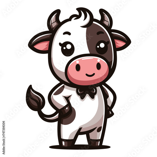Cute cow full body cartoon mascot character vector illustration, funny adorable farm pet animal cow design template isolated on white background