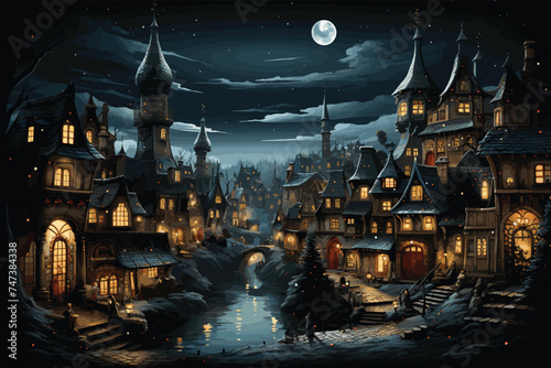 Scary house, Troll house, Yellow moon. moonlight chaos, mystery. 3d render