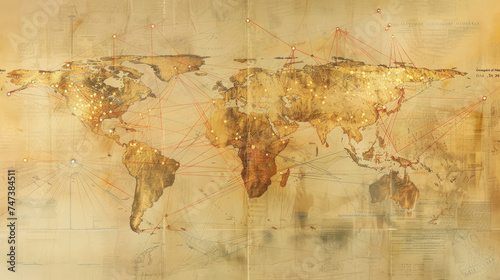 Vintage World Map with Golden City Lights and Network Connections Illustrating Global Trade and Communication