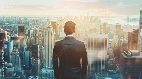 Global business: businessman silhouetted against new york city skyline