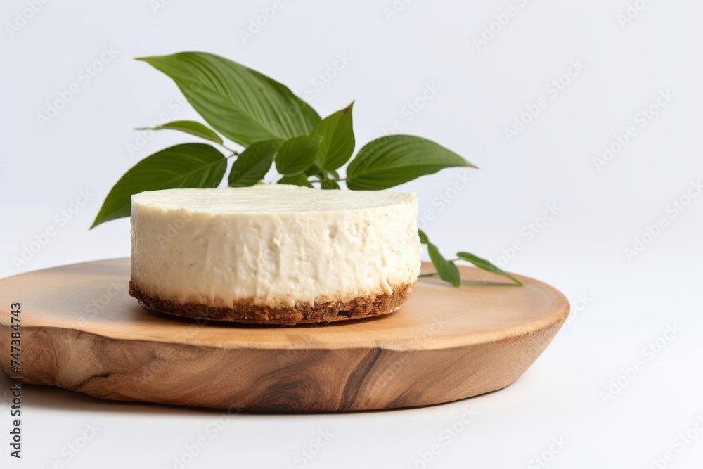 Delicious cheesecake on a palm leaf plate against a white background