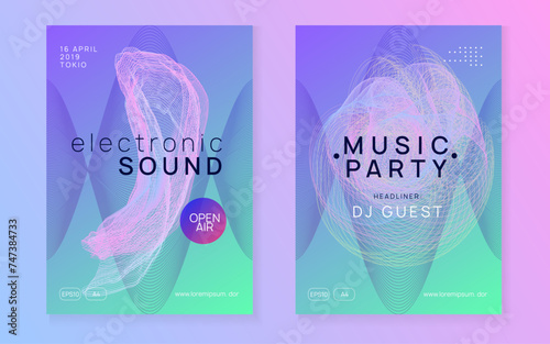 Music fest. Cool discotheque magazine set. Dynamic gradient shape and line. Music fest neon flyer. Electro dance. Electronic trance sound. Techno dj party. Club event poster.