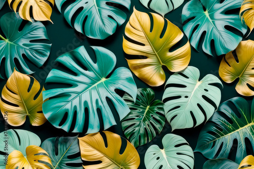 Green and golden monstera leaves on cool mint background.