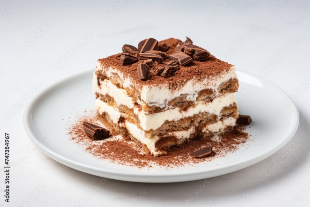 Tasty tiramisu on a porcelain platter against a white background Tasty tiramisu on a porcelain platter against a white background