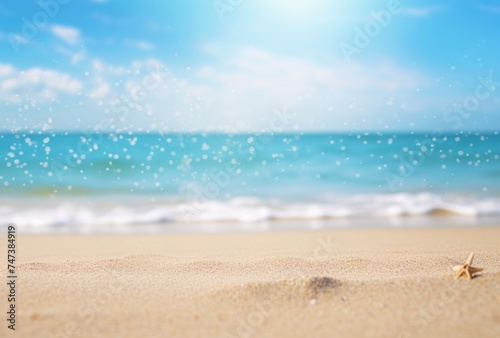 sand beach scene with bokeh and bright white sea