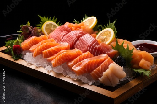 Exquisite sashimi on a wooden board against a white background