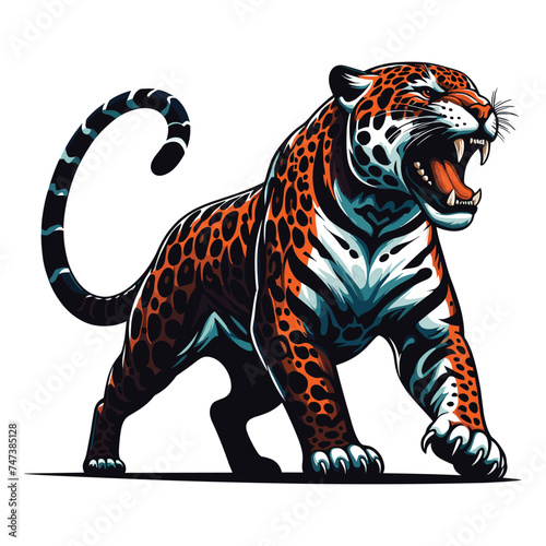 Wild roaring jaguar leopard full body vector illustration, zoology illustration, animal predator big cat design template isolated on white background