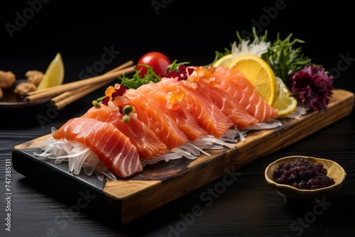 Exquisite sashimi on a wooden board against a white background