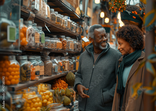 couple of people looking for jars of herbal products in a store