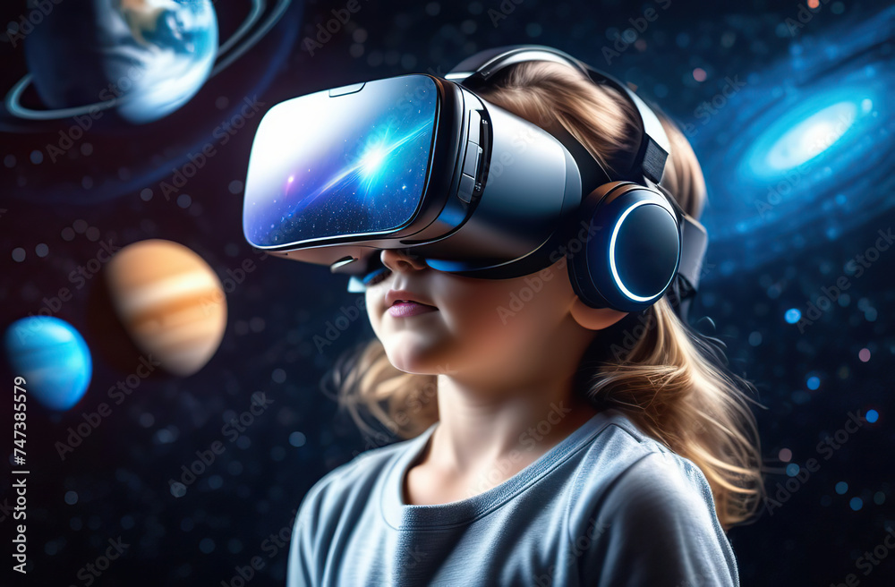 Child girl wearing virtual reality headset and looking at digital space system with planets or Universes. Space exploration with augmented reality glasses Child girl wearing virtual reality headset and looking at digital space system with planets or Universes. Space exploration with augmented reality glasses
