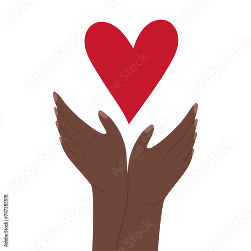 Conceptual vector image: love in hands. Hands reach for the heart. Flat cartoon style