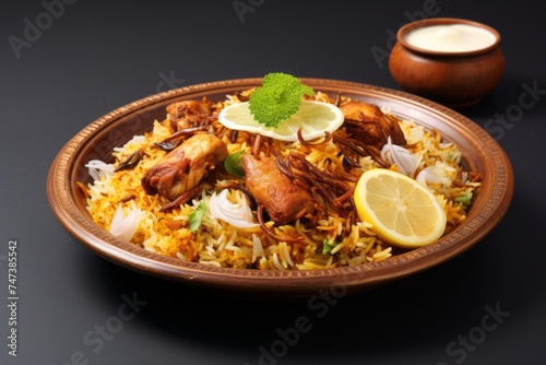 Hearty biryani on a rustic plate against a white background