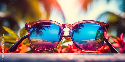 sunglasses with mirrored lenses in a tropical landscape
