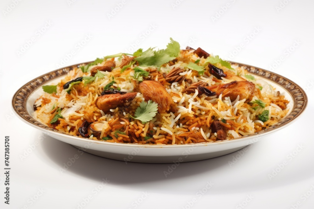 Refined biryani on a porcelain platter against a white background Refined biryani on a porcelain platter against a white background