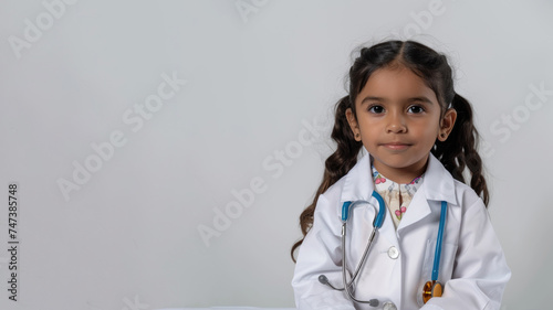 little latinamerican girl dressed up as a doctor isolated on white background