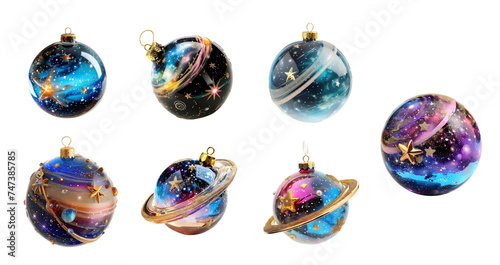 set of planet ball ornament, collection of galaxy ball ornaments isolated on white
