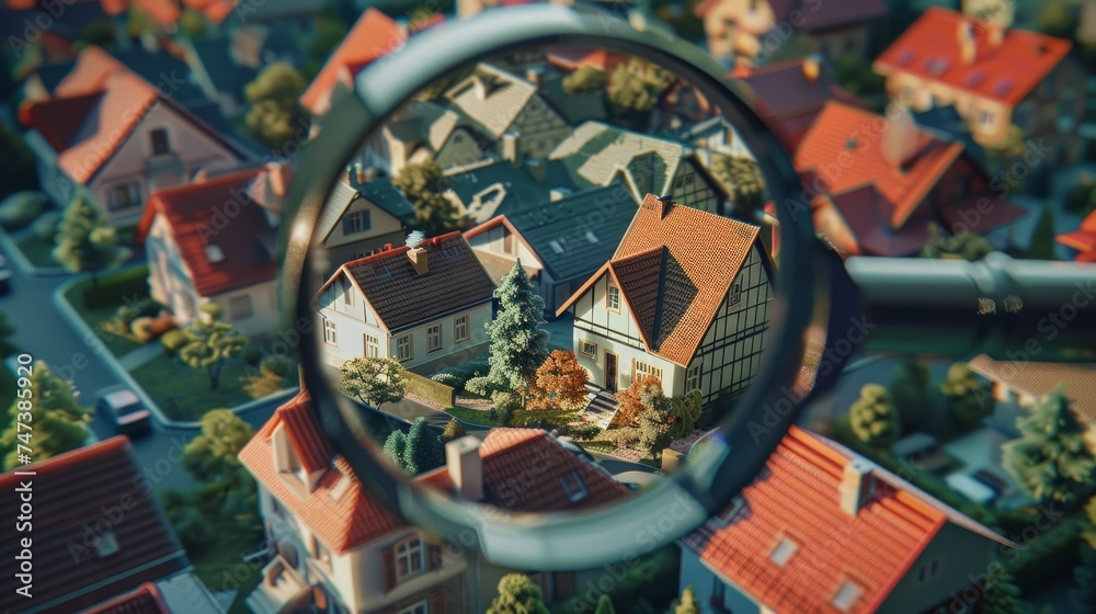 Magnifying glass over residential house: exploring new home options in rental market