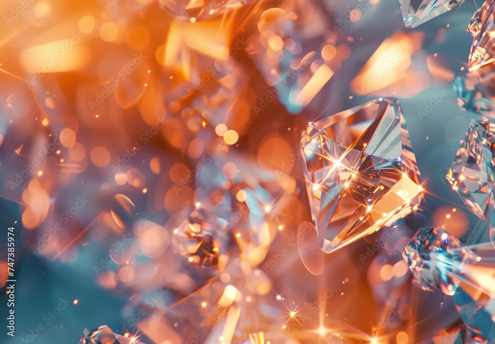 diamonds and sparks, in the style of light blue and orange, blurred imagery, shiny glossy - obrazy, fototapety, plakaty 
