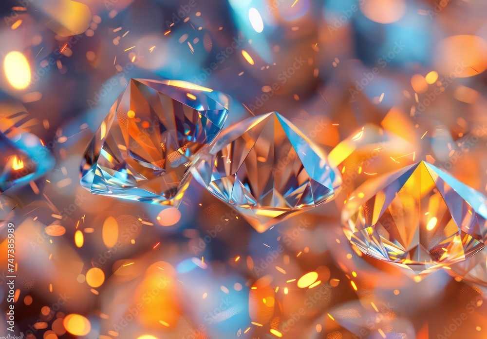diamonds and sparks, in the style of light blue and orange, blurred imagery, shiny glossy - obrazy, fototapety, plakaty 