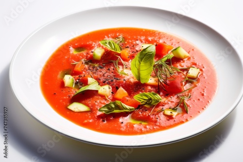 Juicy gazpacho on a slate plate against a white background