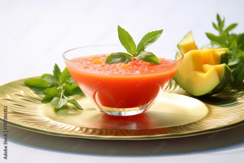 Juicy gazpacho on a palm leaf plate against a white background Juicy gazpacho on a palm leaf plate against a white background