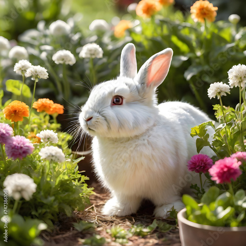 imagine a fluffy rabbit surrounded by blooming flowers and vibrant greenery nibbling on fresh green. ai generative