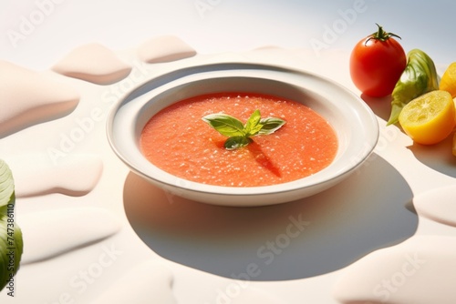 Juicy gazpacho on a palm leaf plate against a white background