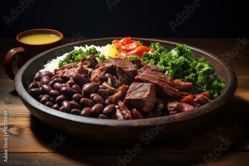 Tempting feijoada on a rustic plate against a white background