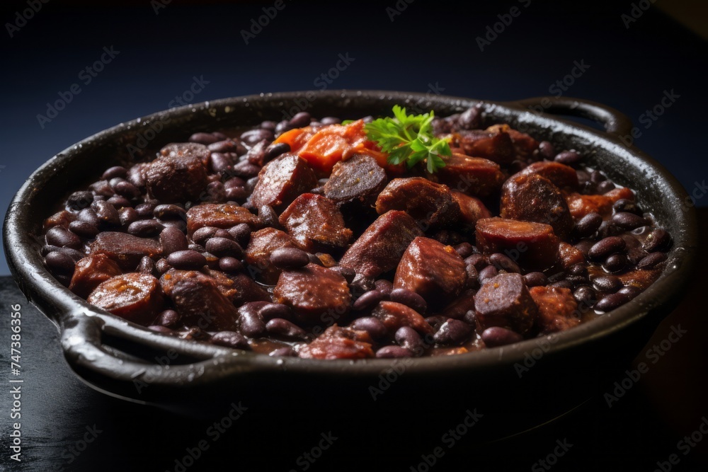 Tempting feijoada on a metal tray against a white background Tempting feijoada on a metal tray against a white background