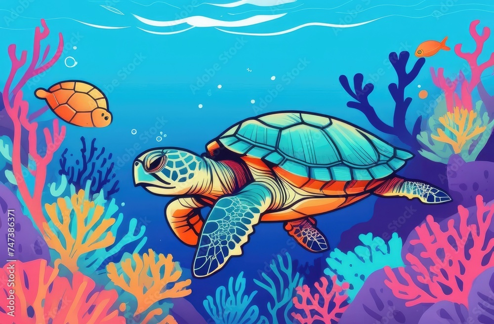 sea turtle swims among corals and fish in sunlight, azure tropical sea, vacation, travel concept. sea turtle swims among corals and fish in sunlight, azure tropical sea, vacation, travel concept.