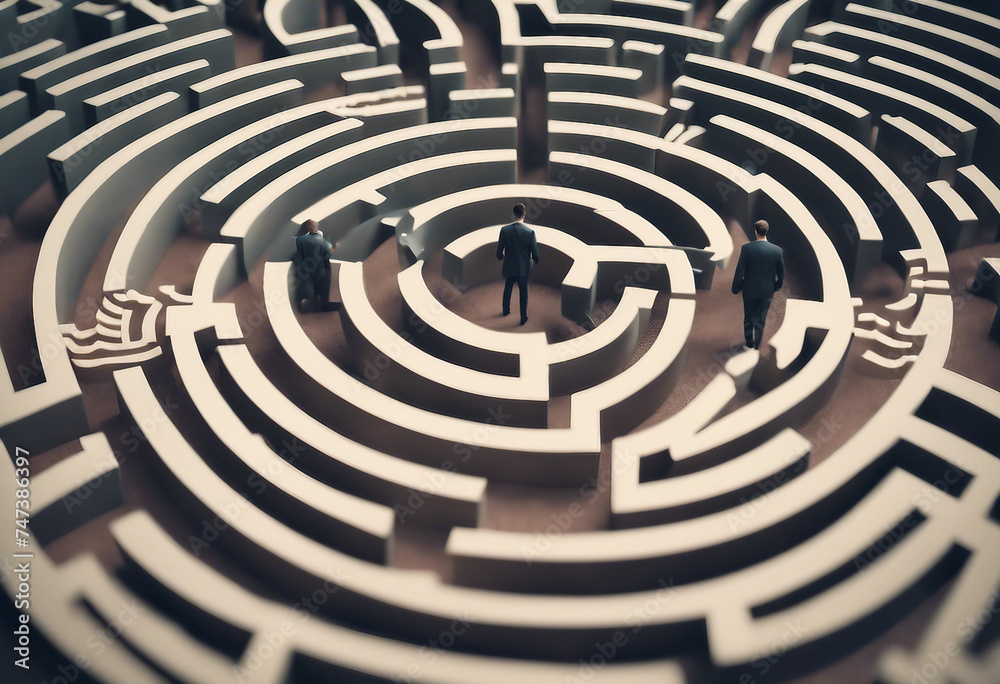 Businessman standing in middle of a maze looking for the right way out problems and solutions concep Businessman standing in middle of a maze looking for the right way out problems and solutions concep