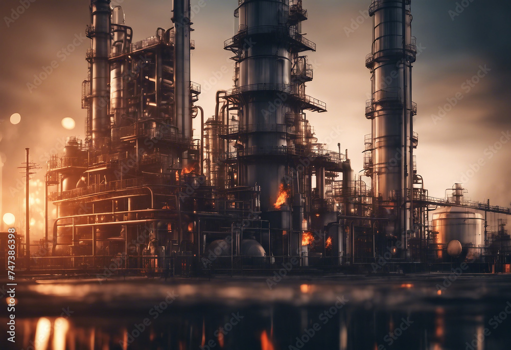 Burning oil refinery illustration