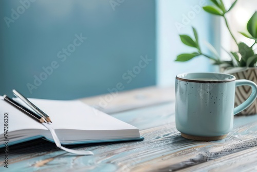 a notebook, cup of coffee and pencil set on a wooden table, in the style of light sky-blue and white