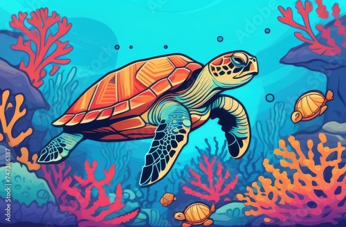 sea turtle swims among corals and fish in sunlight, azure tropical sea, vacation, travel concept.