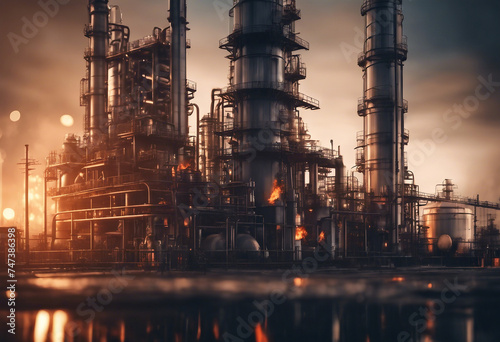 Burning oil refinery illustration