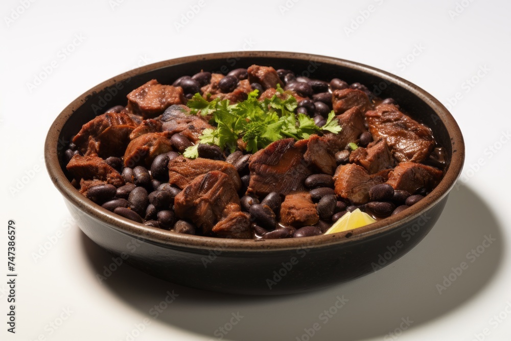 Tasty feijoada on a marble slab against a white background Tasty feijoada on a marble slab against a white background