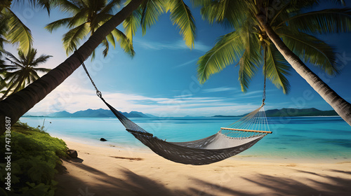 Unfettered Tropical Retreat: An Inviting Hammock Suspended between Coconut Trees overlooking a Turquoise Ocean