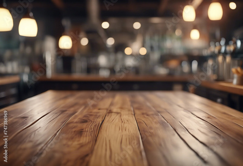 Empty wooden table inside professional restaurant kitchen for product placement advertisement