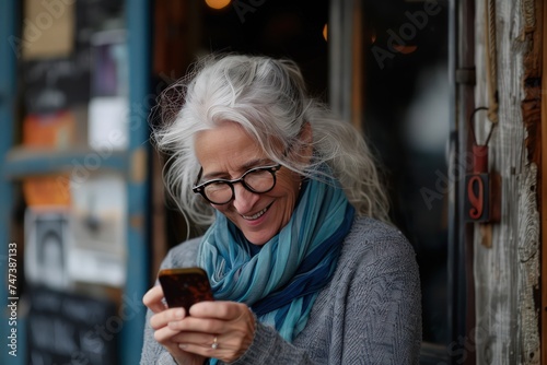 woman in glasses and smiling at her cell phone, lively interiors, light silver and light indigo
