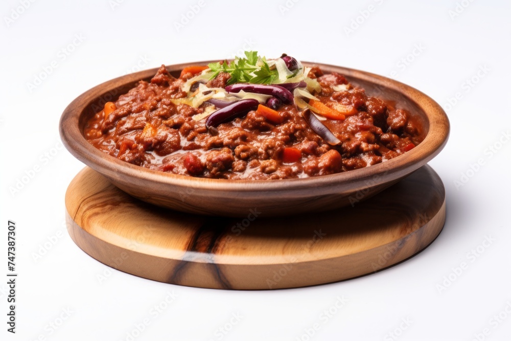 Refined chili con carne on a wooden board against a white background Refined chili con carne on a wooden board against a white background