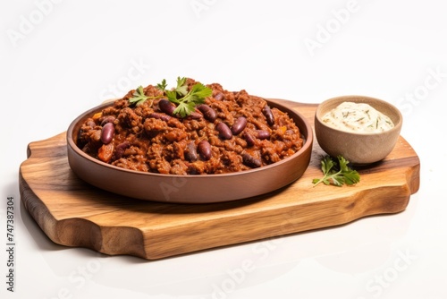 Refined chili con carne on a wooden board against a white background