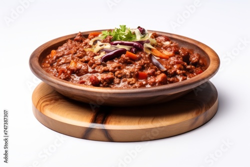 Refined chili con carne on a wooden board against a white background
