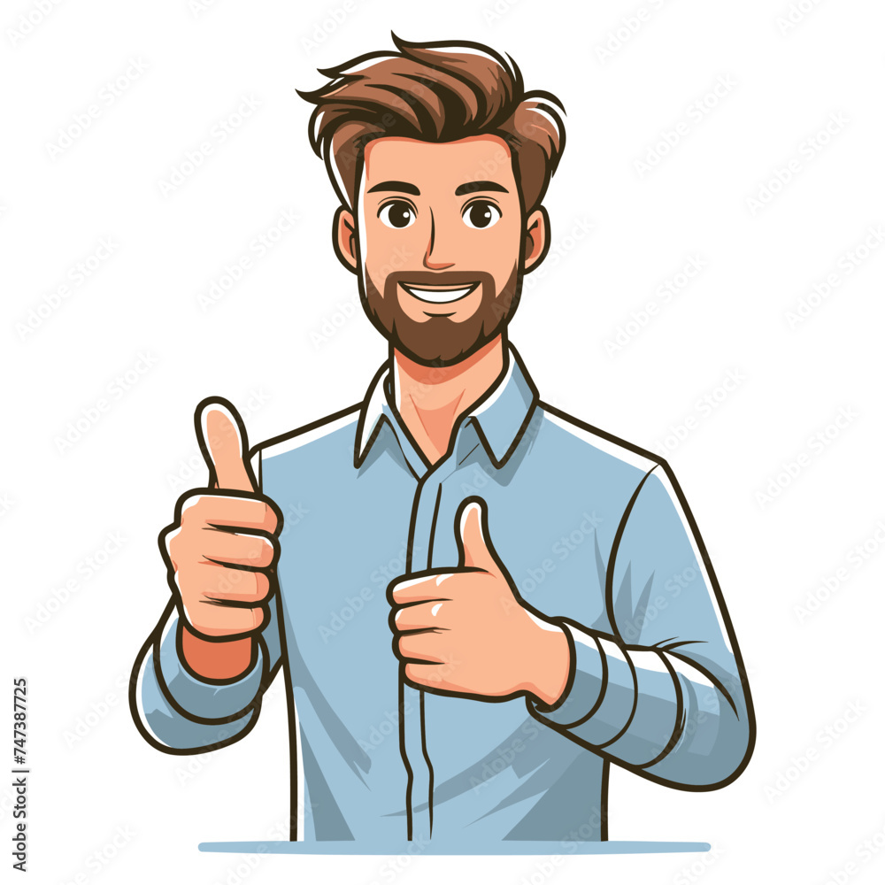 Man giving thumbs up vector illustration, happy guy showing OK gesture, approval sign, positive emotion, work done sign design template isolated on white background Man giving thumbs up vector illustration, happy guy showing OK gesture, approval sign, positive emotion, work done sign design template isolated on white background