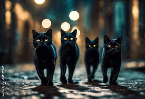 Group of creepy black cats walking on dark alley Illustration