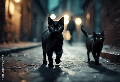 Group of creepy black cats walking on dark alley Illustration © ArtisticLens
