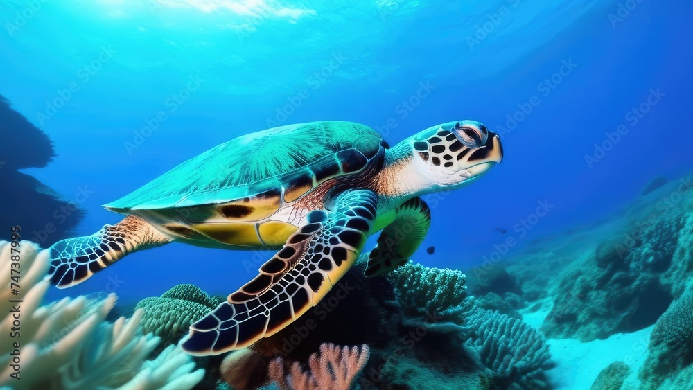 sea turtle swims among corals and fish in sunlight, azure tropical sea, vacation, travel concept.