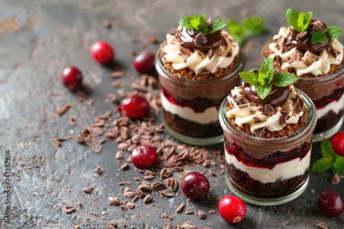 chocolate cheesecake trio in mini glass jars with cream and fresh mint on the table