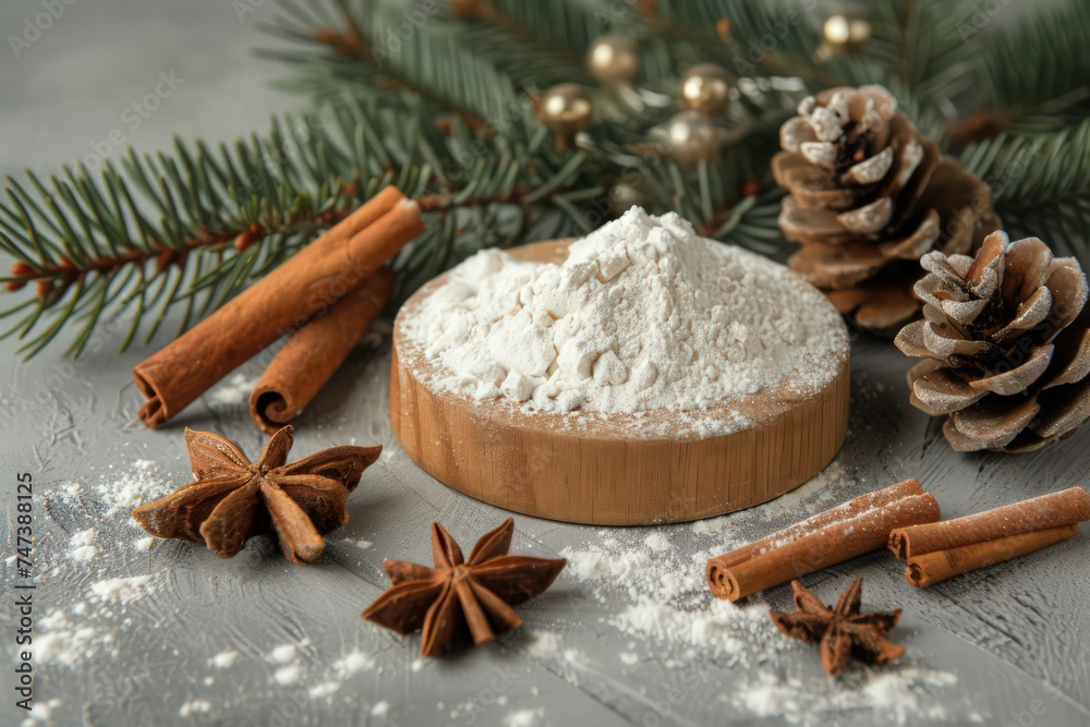 christmas ingredients with board, flour, cinnamon sticks and gingerbread on a gray background christmas ingredients with board, flour, cinnamon sticks and gingerbread on a gray background