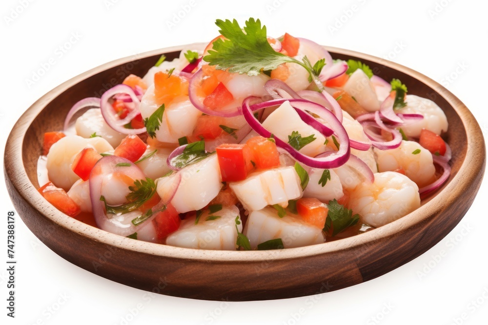Delicious ceviche on a rustic plate against a white background